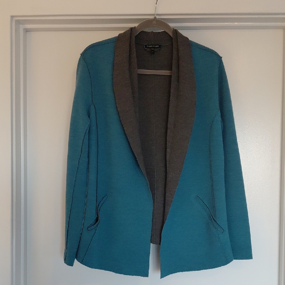 Eileen Fisher Teal and Gray Wool Knit Blazer